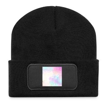 Pastellfarbenes Aquarellleuchten mit goldenen Punkten - Recycelte Patch Beanie - Schwarz - Vorne
