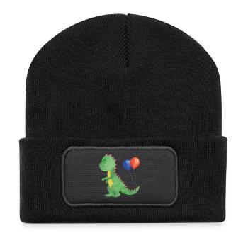 Kleiner Dino mit Luftballons - Recycelte Patch Beanie - Schwarz - Vorne