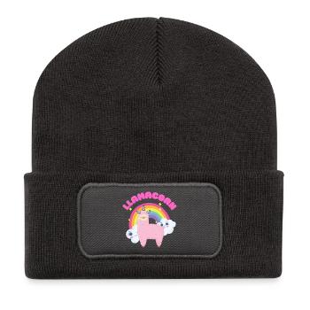 Skurriles rosa Lama mit Regenbogen - Recycelte Patch Beanie - Dunkelgrau - Vorne