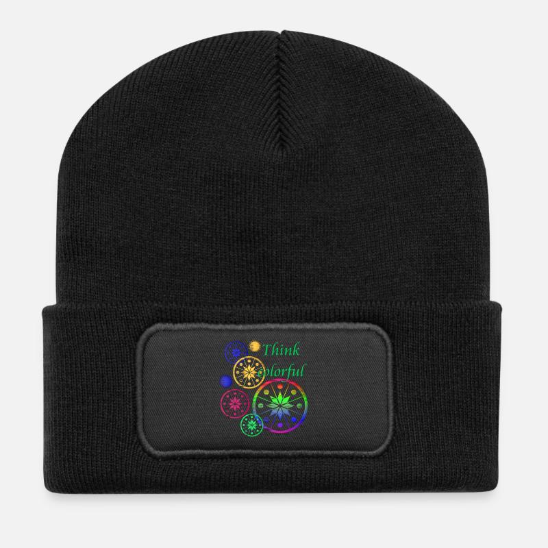 Sternblüten mit Spruch Think colorful - Recycelte Patch Beanie - Schwarz