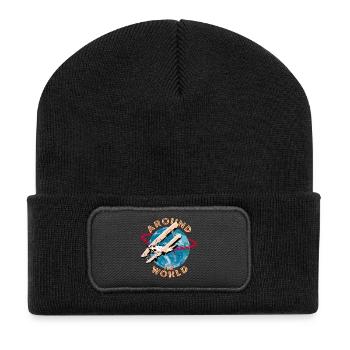 Mit dem Flugzeug um die Welt - Recycelte Patch Beanie - Schwarz - Vorne