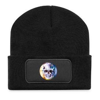 extravaganter Totenkopf in bunt schimmernder Farbe - Recycelte Patch Beanie - Schwarz - Vorne