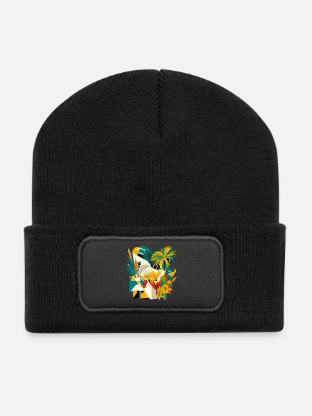 Palmiers et fleurs d’un point de vue cubique - Beanie recyclé à patch - noir