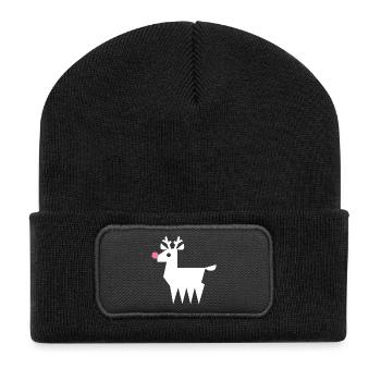 Rentier Rudolf L weiß mit neonpinker Nase - Recycelte Patch Beanie - Schwarz - Vorne