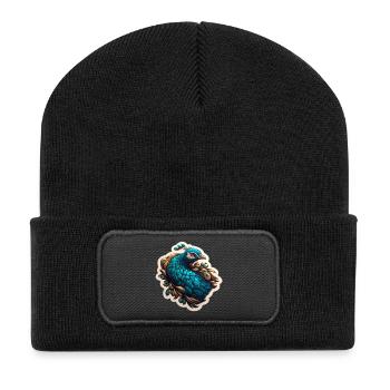 Blauer Pfau Federpracht - Recycelte Patch Beanie - Schwarz - Vorne