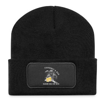 Eishockey & Bier, darum bin ich hier - Recycelte Patch Beanie - Schwarz - Vorne