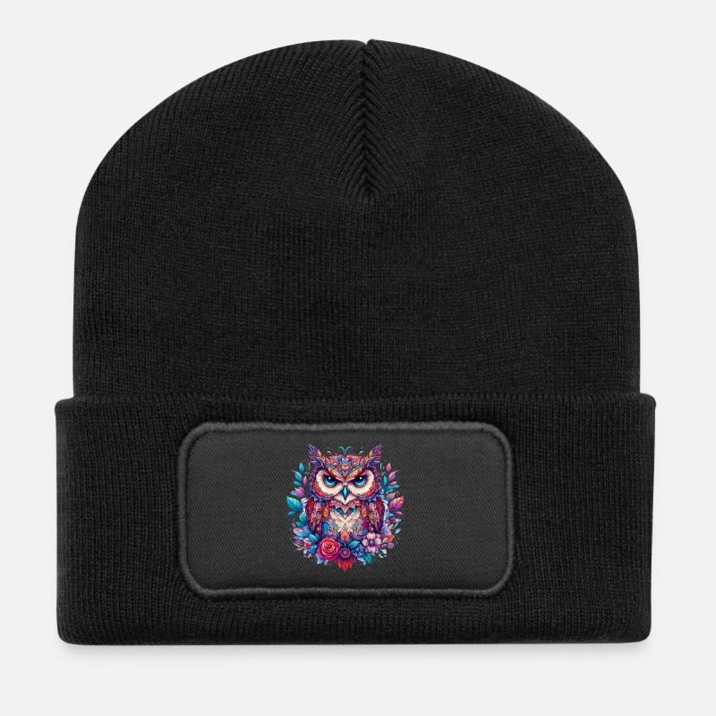 Eule - Recycelte Patch Beanie - Schwarz