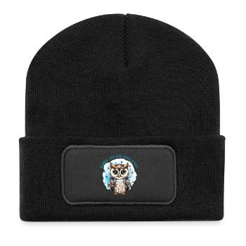 Owl - Flowers - petrol | Hooray, I'm a schoolchild - Recycled Patch Beanie - black - Front
