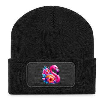 Flamingo verziert mit Hibiskusblüten - Recycelte Patch Beanie - Schwarz - Vorne