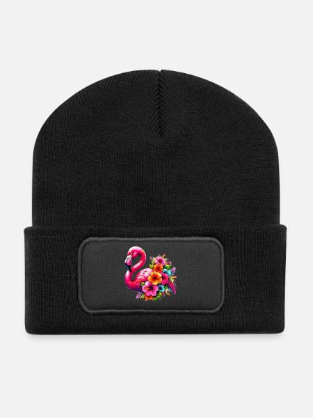 Flamant rose décoré de fleurs d’hibiscus - Beanie recyclé à patch - noir