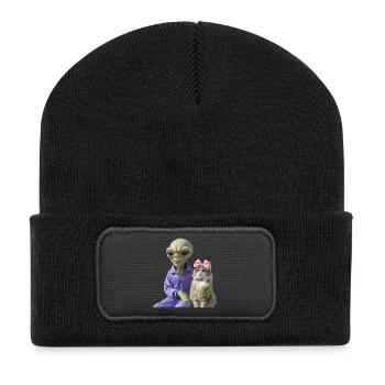 Alien und Katze – Galaktische Liebe - Recycelte Patch Beanie - Schwarz - Vorne