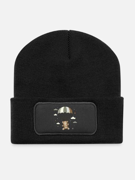 Ours avec parachute - Illustration d’animal ludique - Beanie recyclé à patch - noir