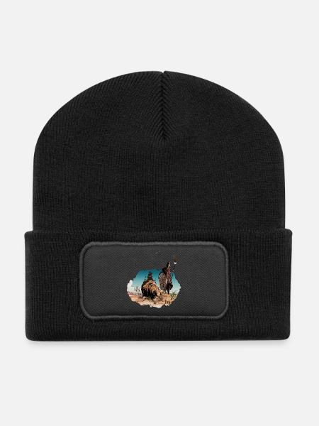 Afrikanischer Krieger & Löwe – Geist der Savanne - Recycelte Patch Beanie - Schwarz