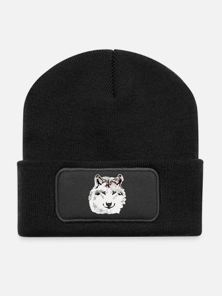 Weisser Wolf blaue Augen - Recycelte Patch Beanie - Schwarz