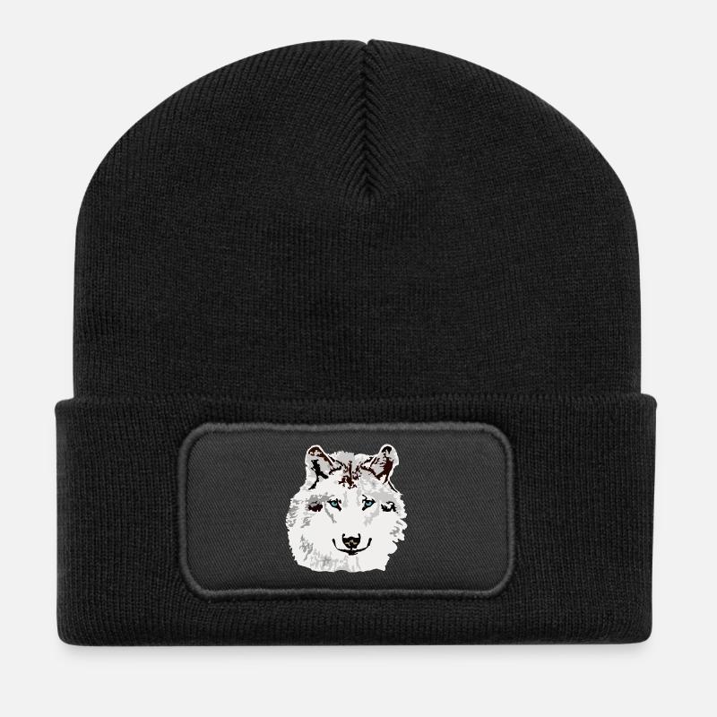 Weisser Wolf blaue Augen - Recycelte Patch Beanie - Schwarz