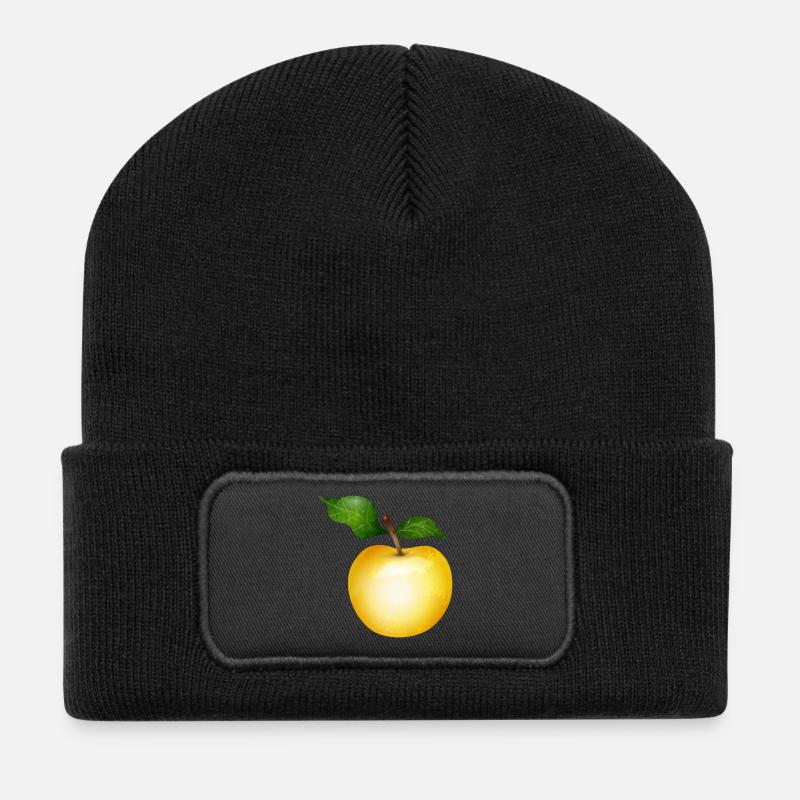 Goldener Apfel mit grünen Blättern Illustration - Recycelte Patch Beanie - Schwarz