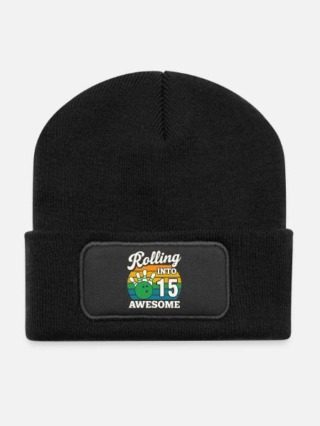 Retro Bowling 15th Birthday Celebration - Recycled Patch Beanie - black