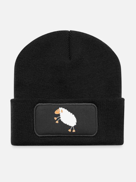 Flauschiges Schäflein Cartoon Design - Recycelte Patch Beanie - Schwarz