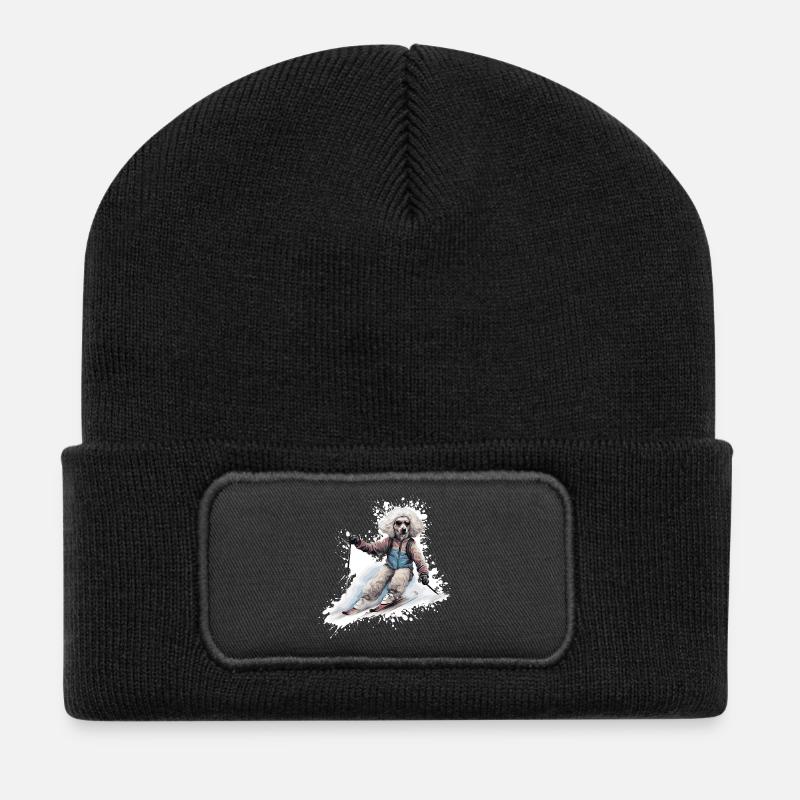 Pudel Hund Ski Skifahren - Recycelte Patch Beanie - Schwarz
