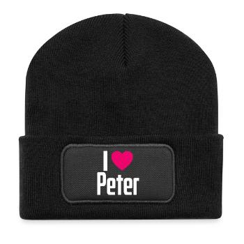 I Love Peter Pinkes Herz Ich liebe Peter - Recycelte Patch Beanie - Schwarz - Vorne
