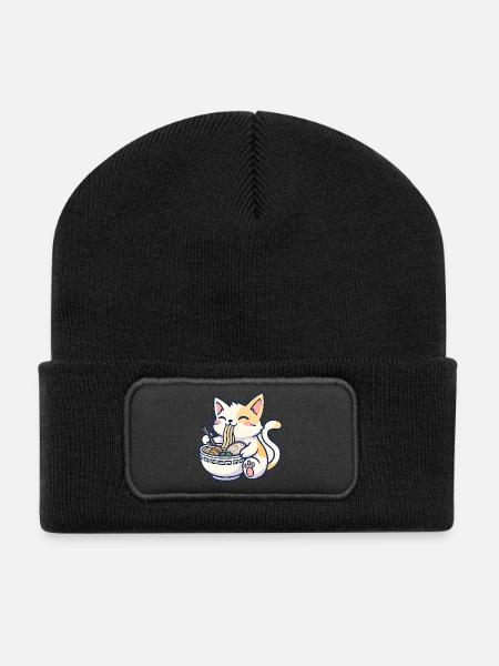 Kawaii Ramen Cat Joy - Beanie recyclé à patch - noir