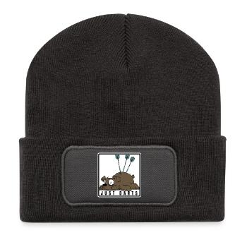 Lustiges Darts Comic Motiv. JUST DARTS - Recycelte Patch Beanie - Dunkelgrau - Vorne