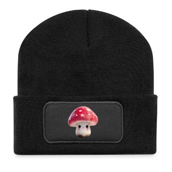 Pilz Kawaii mit Gesicht - Recycelte Patch Beanie - Schwarz - Vorne