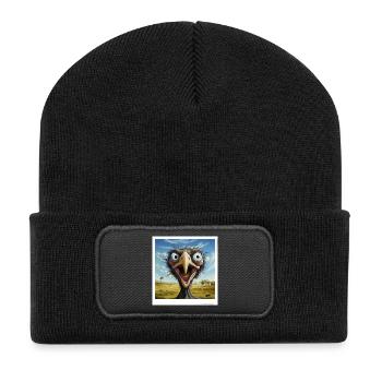 Skurriles Straußengesicht in der Savanne - Recycelte Patch Beanie - Schwarz - Vorne