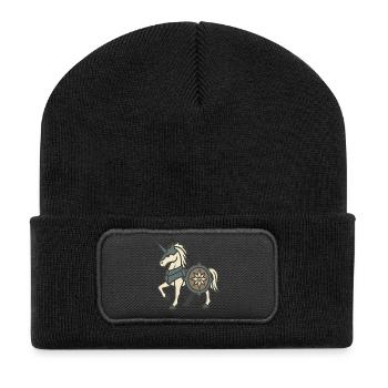 Gepanzerter Ritter-Einhorn mit Schild und Wappen - Recycelte Patch Beanie - Schwarz - Vorne