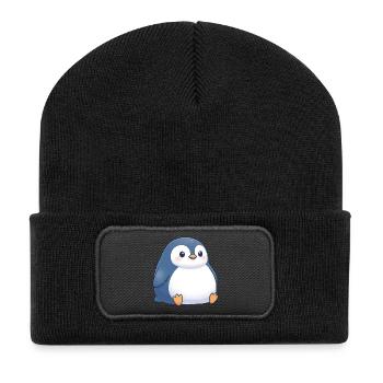Niedlicher molliger Cartoon Pinguin sitzt Chubby - Recycelte Patch Beanie - Schwarz - Vorne