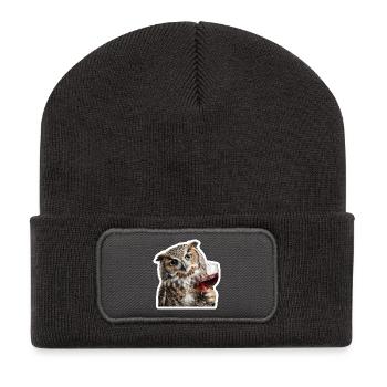 Chouette sage lors de la soirée vins douillette - Beanie recyclé à patch - charbon - Devant