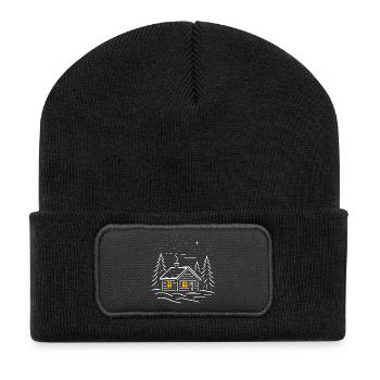 Illuminated snowy cabin with a tree - Recycled Patch Beanie - black - Front