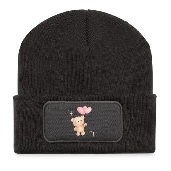 Ours pastel avec des ballons en forme de cœur - Beanie recyclé à patch - charbon - Devant