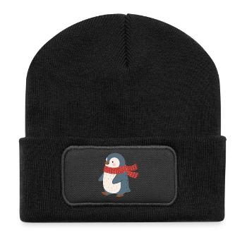 Pinguin mit roter Winterschal - Recycelte Patch Beanie - Schwarz - Vorne