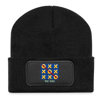 Retro-Tic-Tac-Toe-Spielabend-Grafik - Recycelte Patch Beanie - Schwarz - Vorne