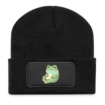Kuschelfrosch im Sanften Grün - Recycelte Patch Beanie - Schwarz - Vorne