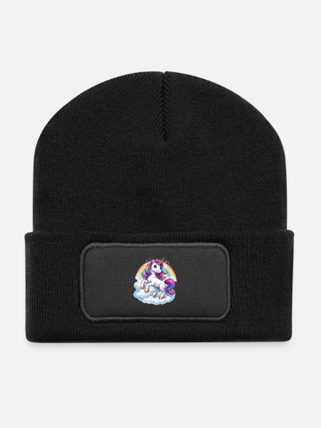 Regenbogen-Einhorn über Wolken - Recycelte Patch Beanie - Schwarz