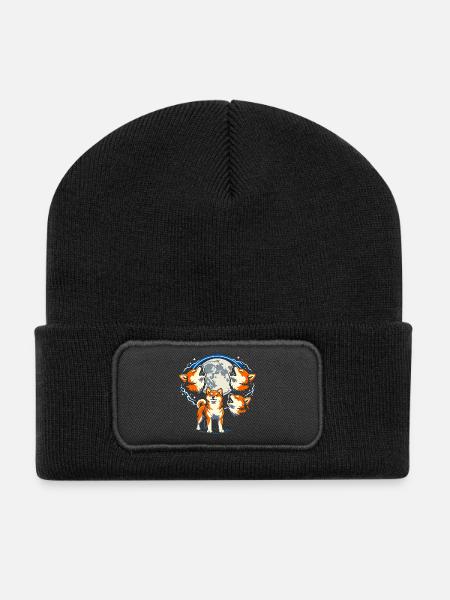 Shiba Inu Howling Moon Lustig Drei Hunde - Recycelte Patch Beanie - Schwarz