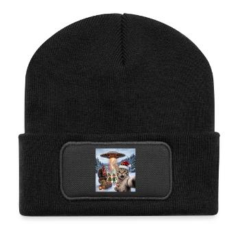 Weihnachtskatze im UFO-Selfie - Recycelte Patch Beanie - Schwarz - Vorne