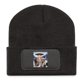 Weihnachtskatze im UFO-Selfie - Recycelte Patch Beanie - Dunkelgrau - Vorne