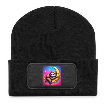 Faultier schläft an den Mond - Recycelte Patch Beanie - Schwarz - Vorne