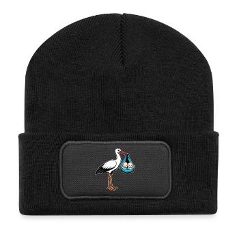 Storch mit Babys Zwillinge in Tuch blau - Recycelte Patch Beanie - Schwarz - Vorne