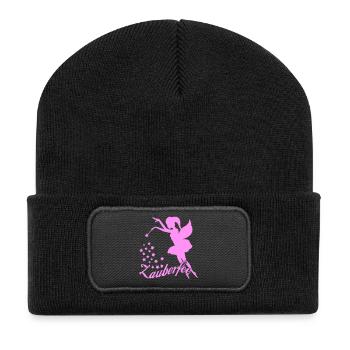 Pink Zauberfee mit Sternen - Recycelte Patch Beanie - Schwarz - Vorne