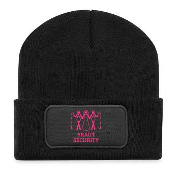 Braut Security (JGA Polterabend Peitsche / Pink) - Recycelte Patch Beanie - Schwarz - Vorne