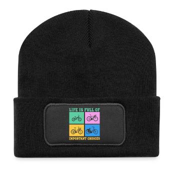 Fahrrad Life is full of improtant choices - Recycelte Patch Beanie - Schwarz - Vorne