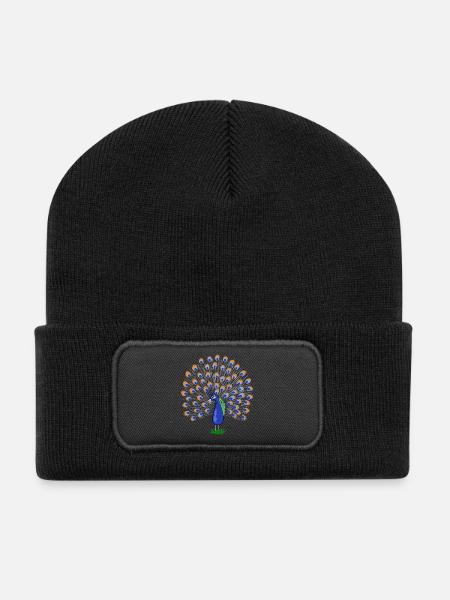 Illustration de plume de paon colorée - Beanie recyclé à patch - noir