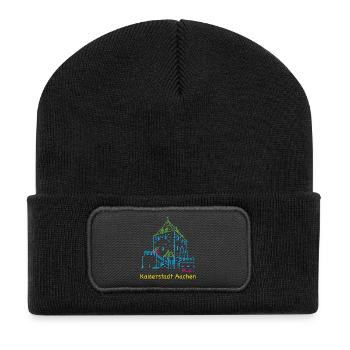 Kaiserstadt Aachen, Handzeichnung Ponttor - Recycelte Patch Beanie - Schwarz - Vorne