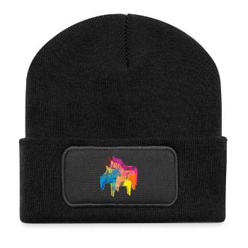 Pop Art Dala Pferde -Weihnachts Pulli Skandi Style - Recycelte Patch Beanie - Schwarz - Vorne