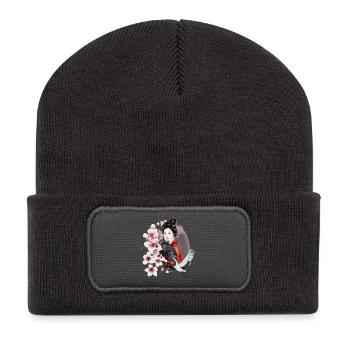Geisha Sakura Japanese Motif - Recycled Patch Beanie - dark grey - Front