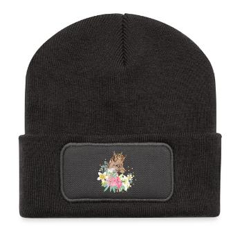Fuchs mit goldener Krone und wunderschönen Lilien - Recycelte Patch Beanie - Dunkelgrau - Vorne